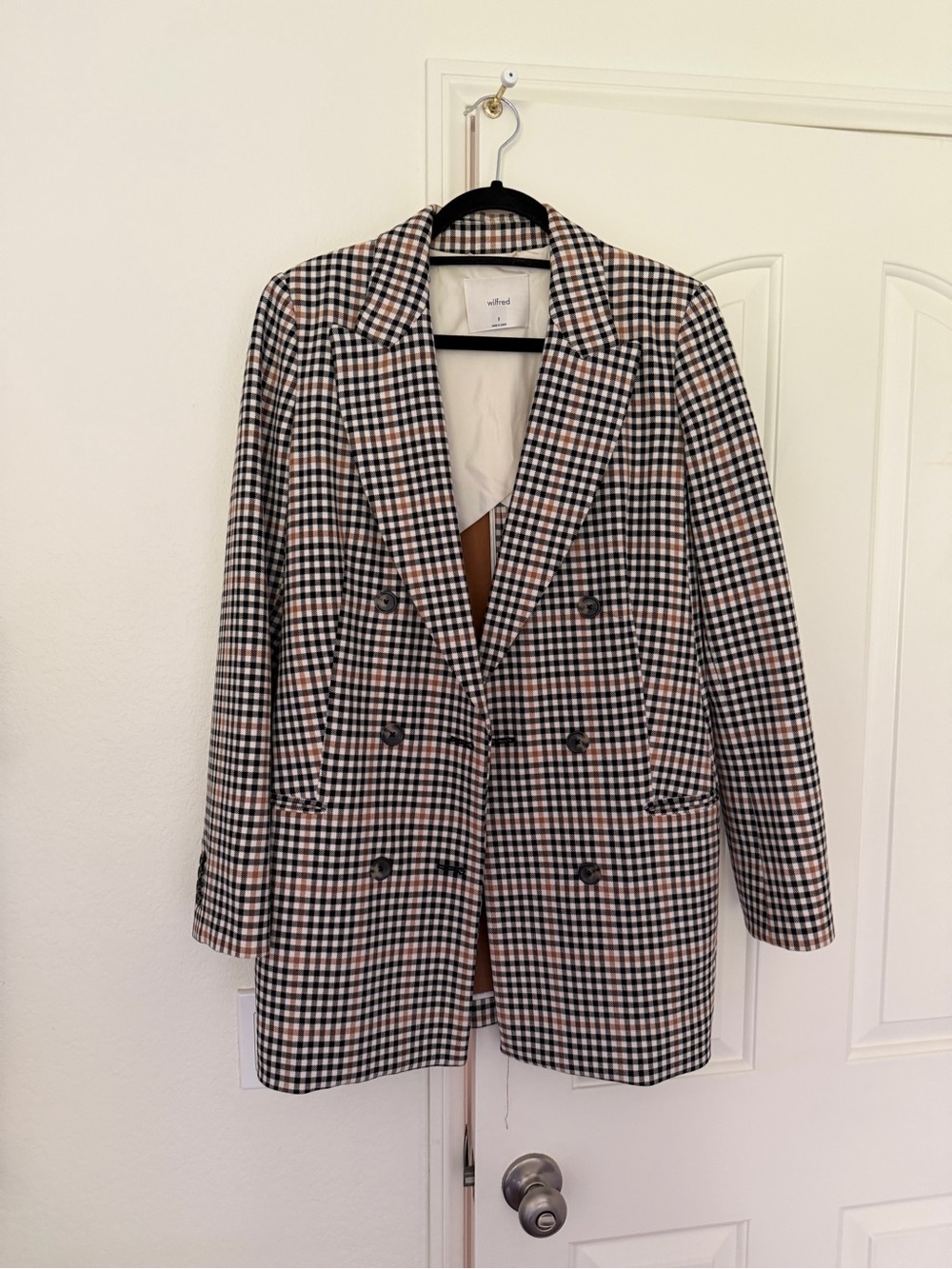 Wilfred Checked Double-Breasted Blazer in Black & Cream with Tan Accents